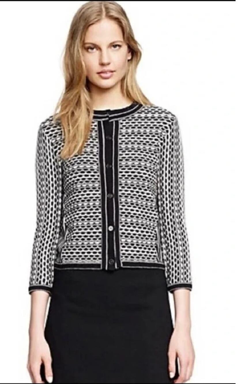 Tory Burch Monique Textured Knit Long Sleeve Cardigan Sweater Black White XS
